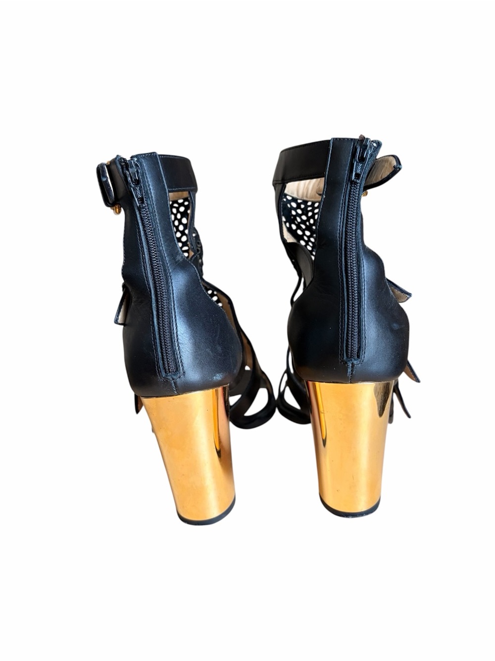 Christian Louboutin Fencing Black & Gold Perforated Leather High Heel Sandals - Picture 5 of 8